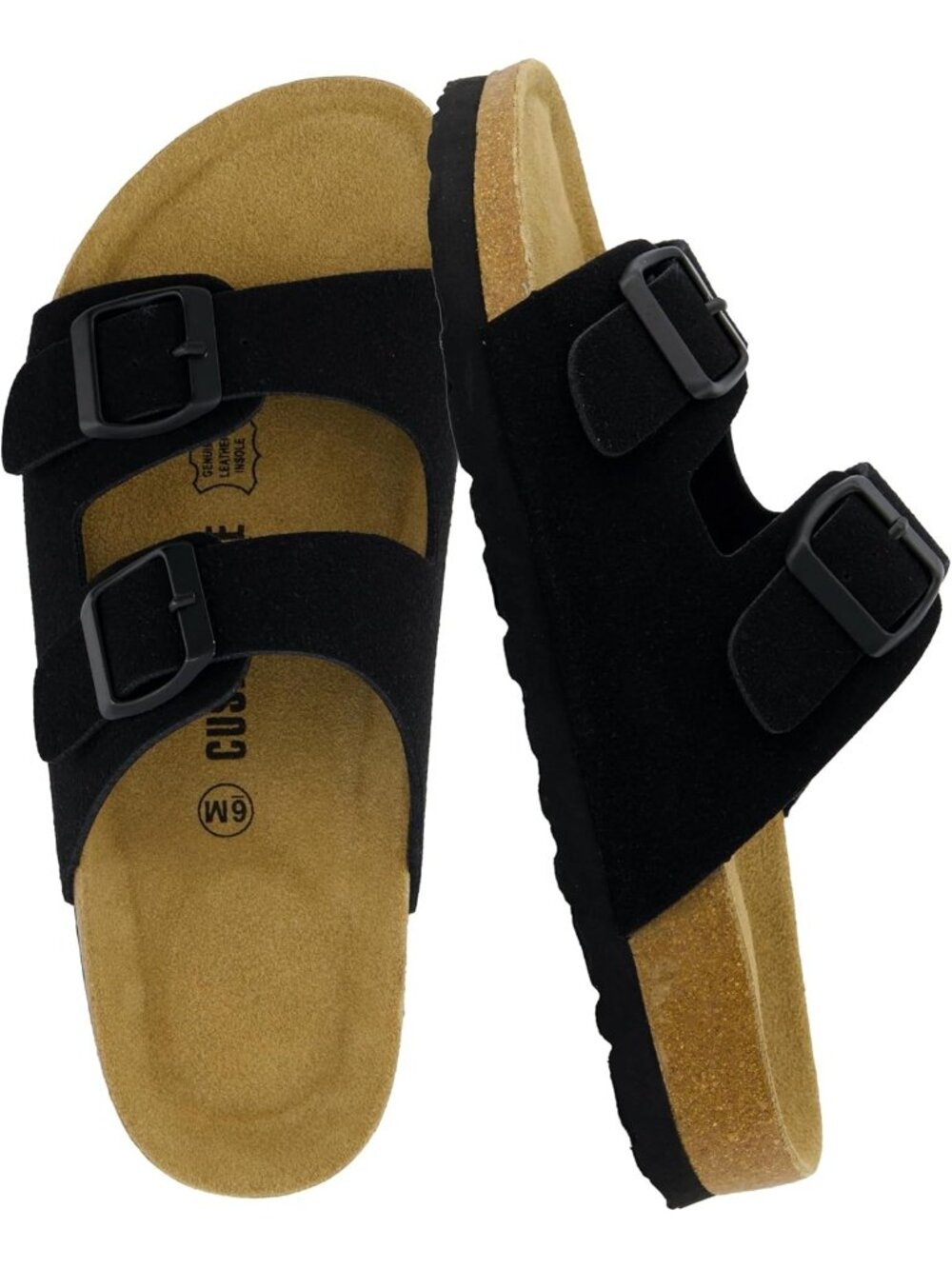 Women Black Suede Footbed Sandals Comfort Double Buckle Two Strap Flats Shoes